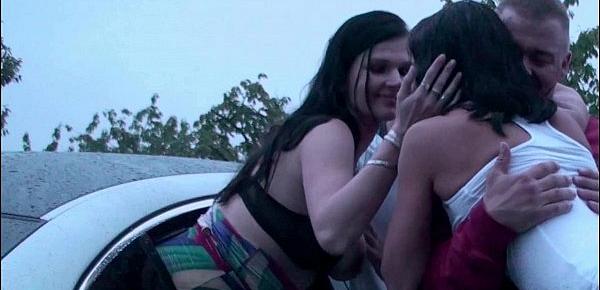  Pregnant girl and her 2 boyfriends in PUBLIC visited by other couple in car orgy